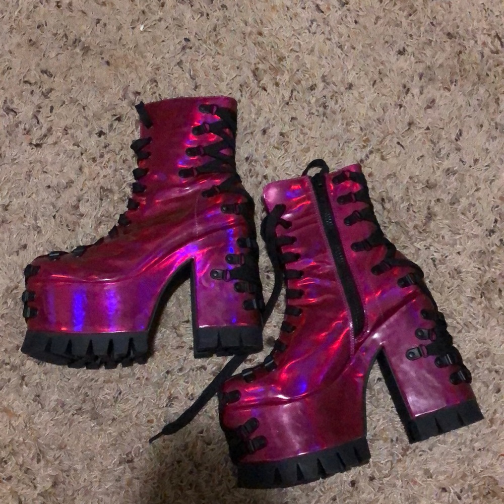 Holographic Pink Platform Lace-Up Boots for Women